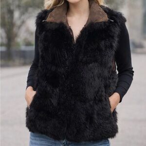 Marc by Andrew Marc Women's Size M Vintage Black Opossum Fur Vest Brown Suede